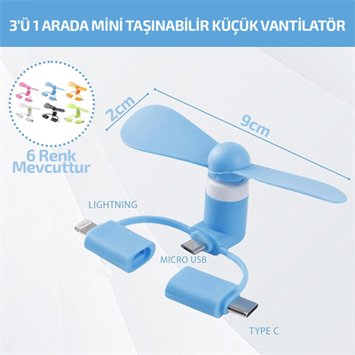 Mini Telefon Fanı - Lightning - Type-C - Micro USB Girişli - Sessiz