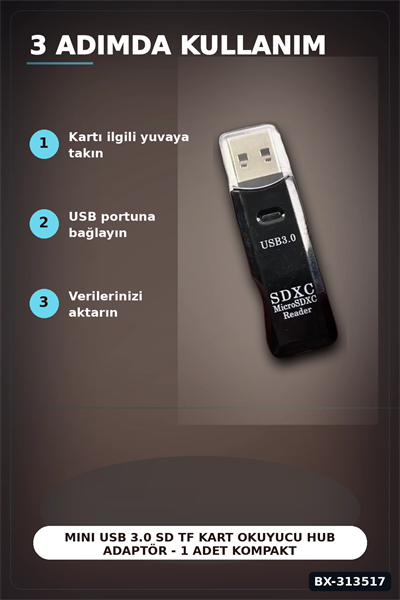 Mini Usb 3.0 Sd Tf Kart Okuyucu Hub Adaptör - 1 Adet Kompakt Veri Aktarıcı Pc Tablet İçin BX-313517