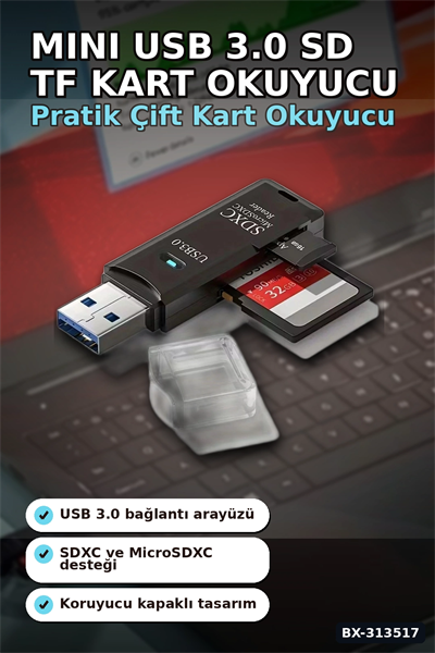Mini Usb 3.0 Sd Tf Kart Okuyucu Hub Adaptör - 1 Adet Kompakt Veri Aktarıcı Pc Tablet İçin BX-313517