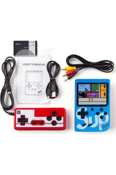 Mini oyun konsolu çift kollu mavi renk nostalji oyunlarıyla Bluetooth desteği olmadan