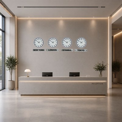 Modern Beyaz 4’lü 36 Cm Tabelalı Dünya Saatleri