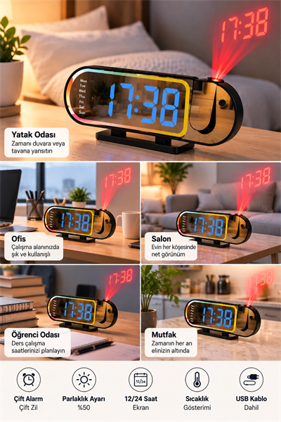 Modern Dijital LED Masa Saati Alarm Özellikli 12 24 Saat Seçenekli Sıcaklık Göstergeli Ekran