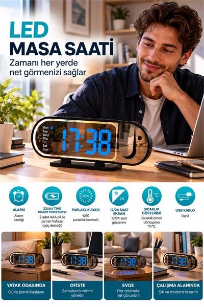 Modern Dijital LED Masa Saati Alarm Özellikli 12 24 Saat Seçenekli Sıcaklık Göstergeli Ekran
