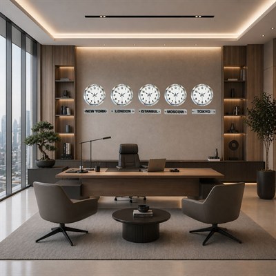 Modern Krom 5’li 36 Cm Metal Tabelalı Dünya Saatleri