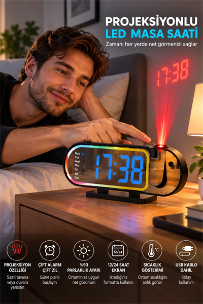 Modern LED Masa Saati Dijital Ekranlı Alarm Parlaklık Ayarlı 12 24 Saat Sıcaklık Göstergeli