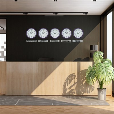 Modern Mor 36 Cm 5 li Tabealalı Dünya Saatleri