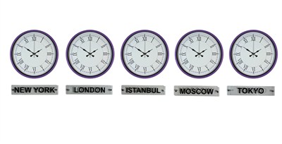 Modern Mor 36 Cm 5 li Tabealalı Dünya Saatleri