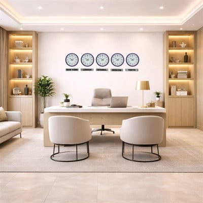 Modern Mor 36 Cm 5 li Tabealalı Dünya Saatleri