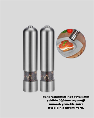 Modern Otomatik Baharat Öğütücü Seti – Pilli, Paslanmaz Çelik, LED Aydınlatmalı