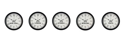 Modern Siyah Dünya Saat Seti 5’li 36 cm Metal