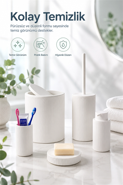 Modern Tasarımlı 5 Parça Banyo Aksesuar Seti Beyaz Renk Sabunluk ve Fırçalık Dahil