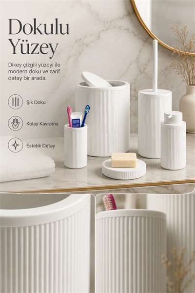 Modern Tasarımlı 5 Parça Banyo Aksesuar Seti Beyaz Renk Sabunluk ve Fırçalık Dahil