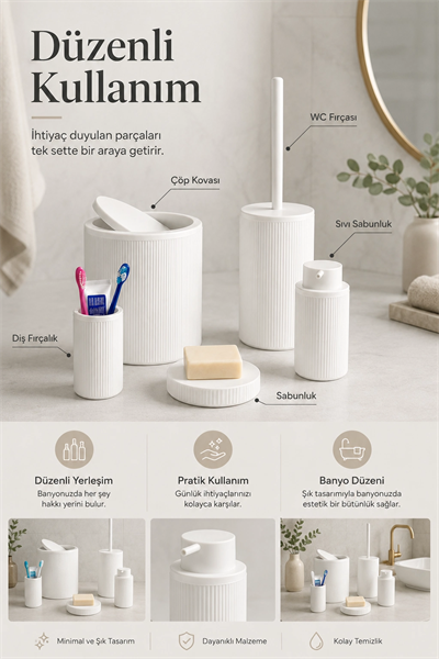Modern Tasarımlı 5 Parça Banyo Aksesuar Seti Beyaz Renk Sabunluk ve Fırçalık Dahil