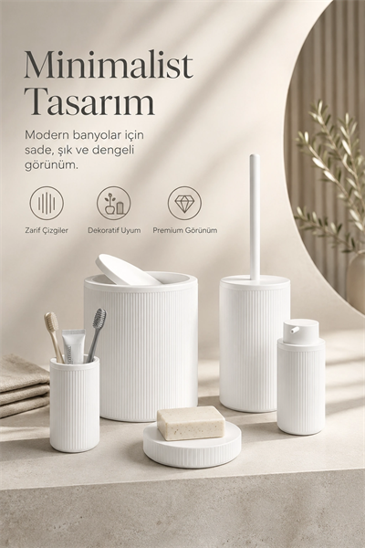 Modern Tasarımlı 5 Parça Banyo Aksesuar Seti Beyaz Renk Sabunluk ve Fırçalık Dahil