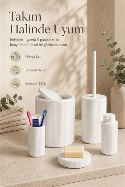 Modern Tasarımlı 5 Parça Banyo Aksesuar Seti Beyaz Renk Sabunluk ve Fırçalık Dahil