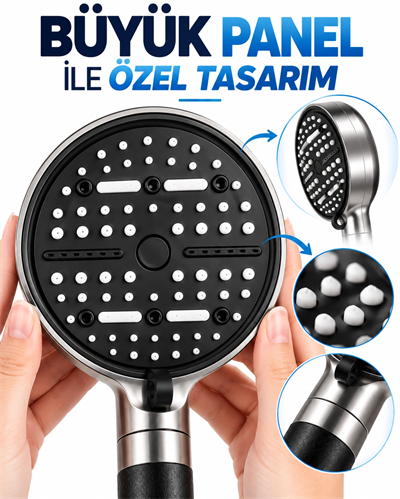 Modern Tasarımlı 6 Modlu Filtreli Duş Başlığı Büyük Panel Metalik Siyah Duş Aparatı
