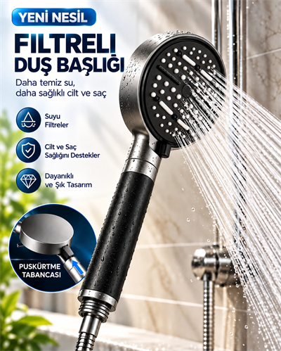 Modern Tasarımlı 6 Modlu Filtreli Duş Başlığı Büyük Panel Metalik Siyah Duş Aparatı