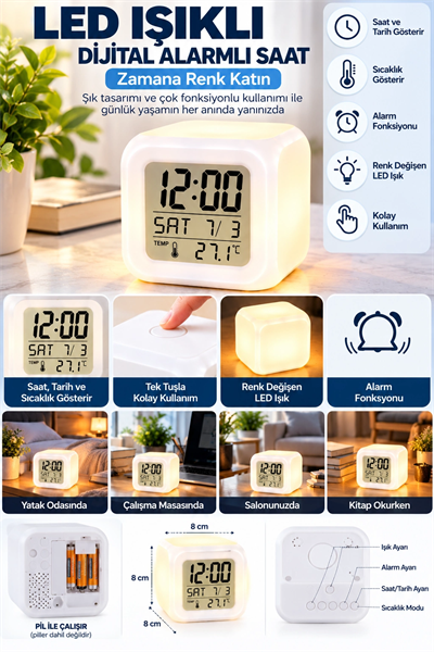 Modern Tasarımlı Küp Saat LED Aydınlatmalı Dijital Alarm Saati