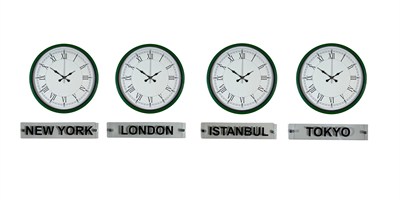 Modern Yeşil 36 Cm 4 lü Tabelalı Dünya Saatleri