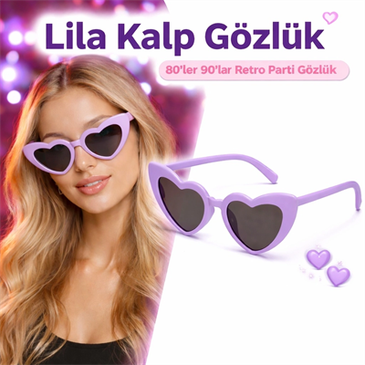 Mor Lila Retro Kalp Gözlük – 80’ler 90’lar Stil Parti Gözlüğü