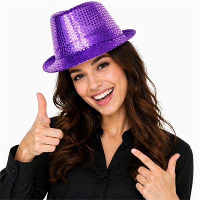 Mor Payetli Disco Parti Şapkası Yetişkin Işıltılı Fötr Model