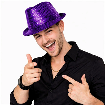 Mor Payetli Disco Parti Şapkası Yetişkin Işıltılı Fötr Model