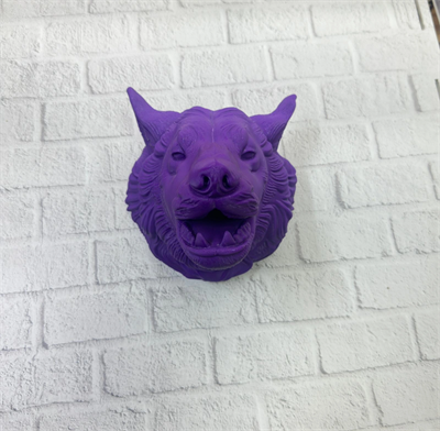 Mor Renk 3D Kurt Başı Duvar Dekoru Asılabilir Maskot Heykel 25x19 cm