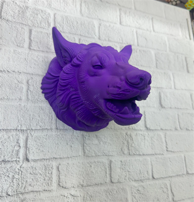 Mor Renk 3D Kurt Başı Duvar Dekoru Asılabilir Maskot Heykel 25x19 cm