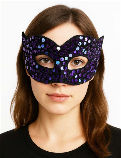 Mor Renk Arkadan Lastikli Pul Payet İşlemeli Balo After Parti Maskesi