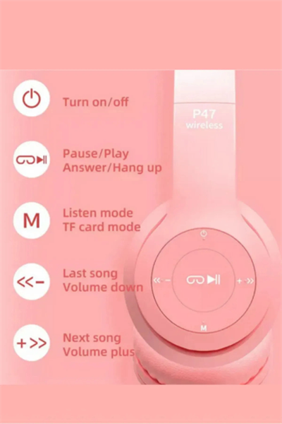 Mor Renkli Kulak Üstü Bluetooth Kulaklık, Kablolu Bağlantı ve Kedi Kulağı Tasarımı