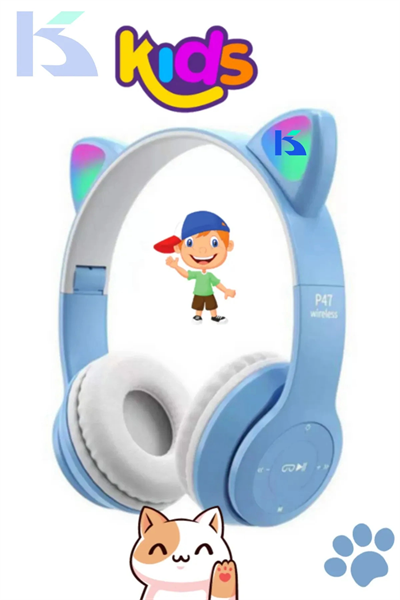 Mor Renkli Kulak Üstü Bluetooth Kulaklık, Kablolu Bağlantı ve Kedi Kulağı Tasarımı
