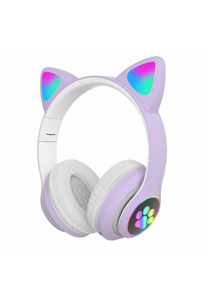 Mor kedi kulağı detaylı bluetooth 5.0 mikrofonlu kulak üstü çocuk kulaklık 2 yıl garantili