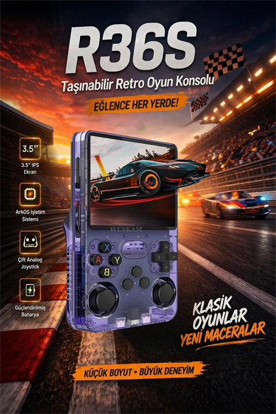 Mor taşınabilir retro oyun konsolu 64 GB hafıza 15.000+ yüklü oyun bluetooth yok