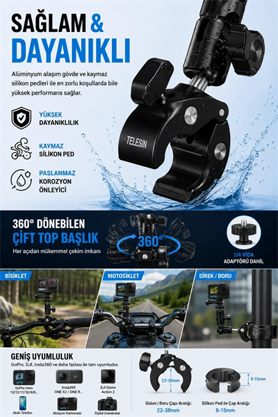Motosiklet Bisiklet Gidon Kamera Montaj Metal Si 360° Döner Metal Tutucu