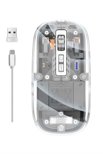 Mouse Fare Kablosuz Mouse Fare Şarjlı Bluetooth Sessiz 5 Tuşlu Şeffaf