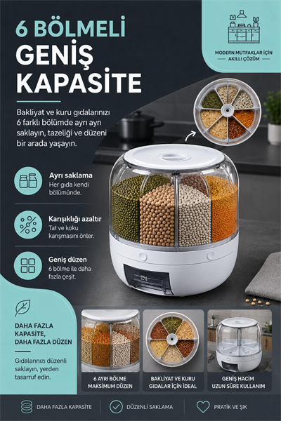 Mutfak Düzenleyici 6 Bölmeli Döner Bakliyat Kutusu Şeffaf Kapaklı Pratik Kullanım