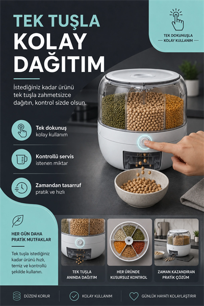 Mutfak Düzenleyici 6 Bölmeli Döner Bakliyat Kutusu Şeffaf Kapaklı Pratik Kullanım