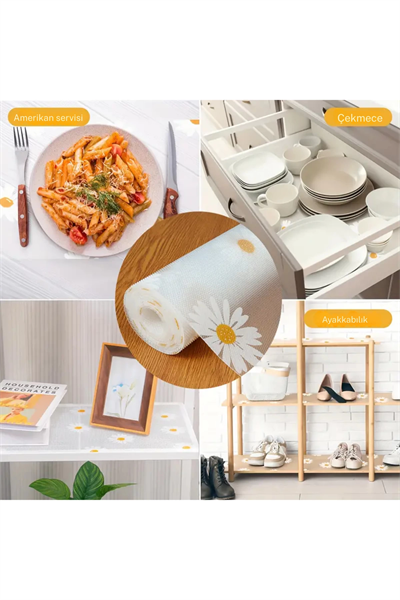 Mutfak Eva Shelf Liner Şeffaf Astar Kaymaz Dolap İçi Çekmece Örtüsü Papatya Desen Mat 45cmx10 Metre