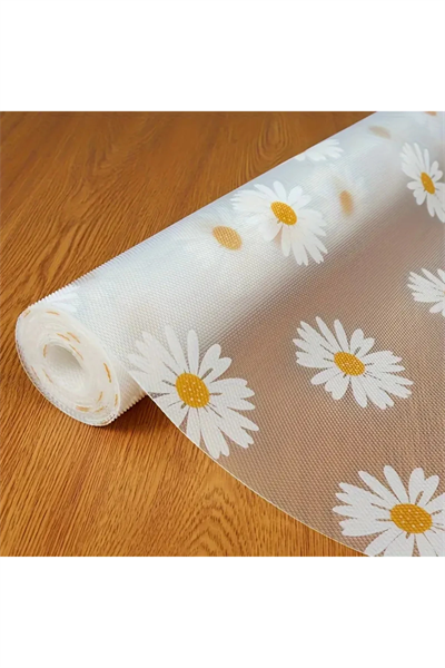 Mutfak Eva Shelf Liner Şeffaf Astar Kaymaz Dolap İçi Çekmece Örtüsü Papatya Desen Mat 45cmx10 Metre
