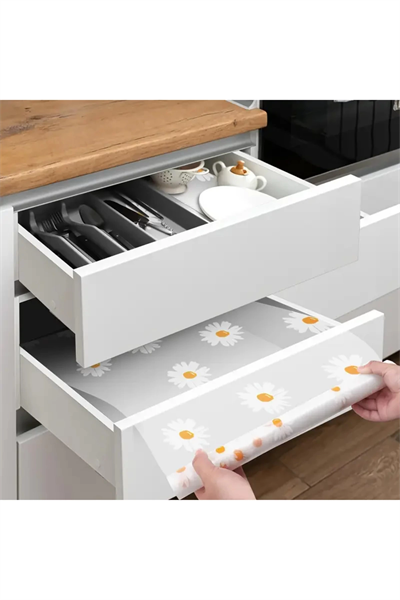 Mutfak Eva Shelf Liner Şeffaf Astar Kaymaz Dolap İçi Çekmece Örtüsü Papatya Desen Mat 45cmx10 Metre