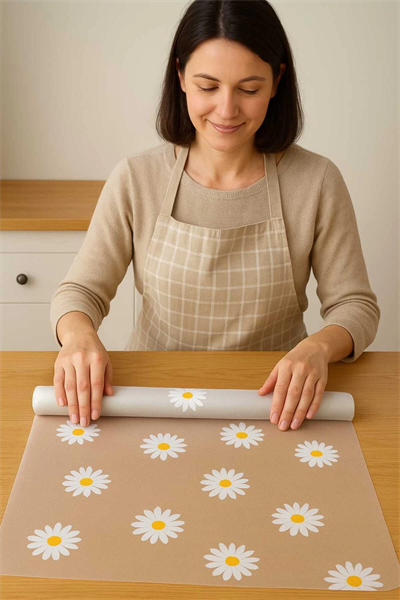 Mutfak Eva Shelf Liner Şeffaf Astar Kaymaz Dolap İçi Çekmece Örtüsü Papatya Desen Mat 45cmx10 Metre