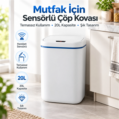 Mutfak İçin 20L Sensörlü Otomatik Kapaklı Çöp Kovası