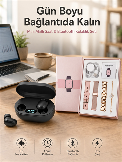 Nabız Ölçer Hediye Bileklikli Akıllı Saat ve Dijital Göstergeli Bluetooth Kulaklık Çoklu Şarj Girişi