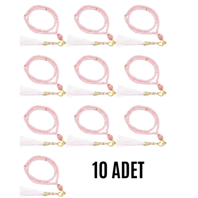 Namaz Tesbihi Vavlı 99lu Cam İncili Amenerrasulü Dua Kartı İle Pembe Renk Hediyelik 10 Adet