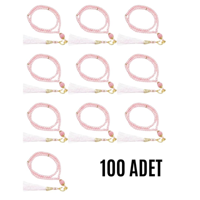 Namaz Tesbihi Vavlı 99lu Cam İncili İsmi Azam Dua Kartı İle Pembe Renk Hediyelik 100 Adet