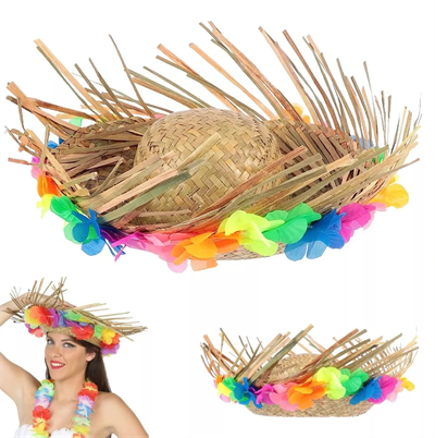 Naturel Renk Püsküllü Örme Hasır Hawaii Luau Aloha Şapka 13x36 Cm