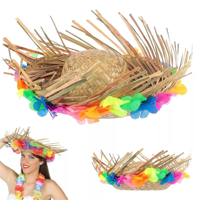 Naturel Renk Püsküllü Örme Hasır Hawaii Luau Aloha Şapka 13x36 Cm