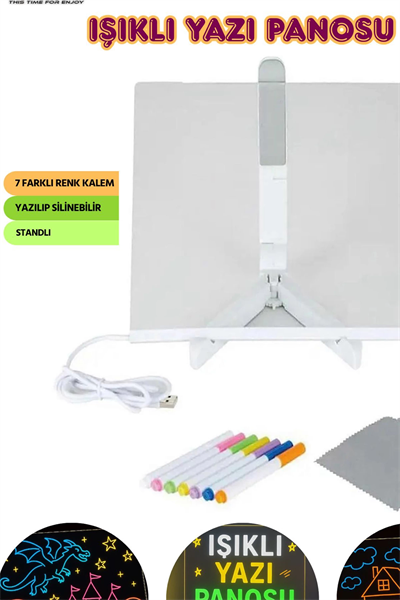 Neon Işıklı 7 Renk Işık Boyama Kalemli Led Resim Panosu Boyama Tahtası Kalemleri 20 X 20