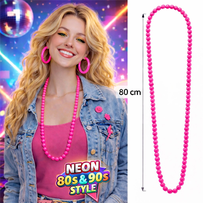 Neon Pembe Boncuk Kolye 80 Cm – Retro 80’ler 90’lar Parti Aksesuarı