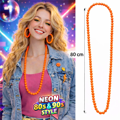 Neon Turuncu Boncuk Kolye 80 Cm – Retro 80’ler 90’lar Parti Aksesuarı